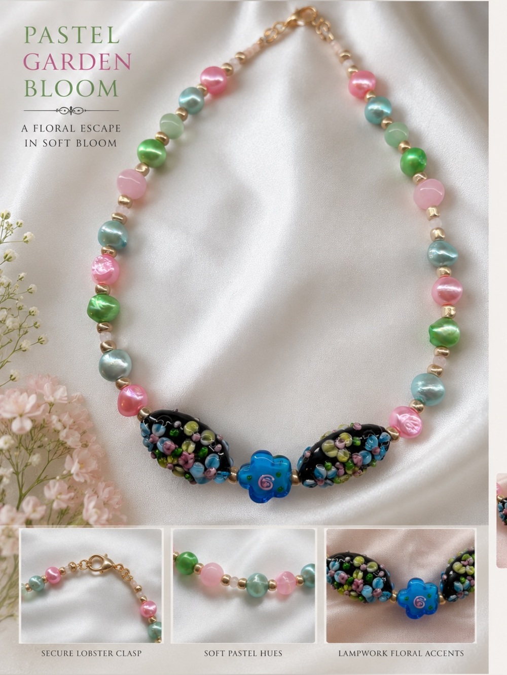 “Pastel Garden Bloom”-Pearls,Lampwork Glass,Cat’s Eye,Rose Quartz Necklace